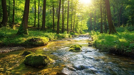 Fototapeta premium Sunlight illuminates lush forest scene with stream nature photography tranquil environment scenic viewpoint