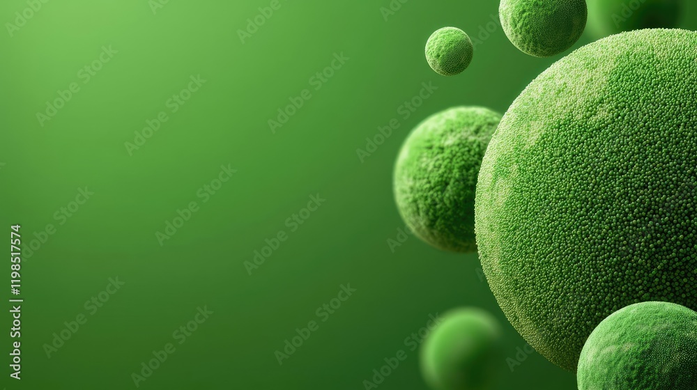 Poster dust pollution idea. abstract representation of green microorganisms on a vibrant green background.