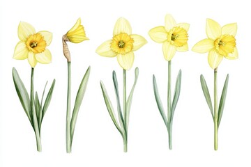 Obraz premium Watercolor illustration of five yellow daffodils in various stages of bloom, isolated on white background.