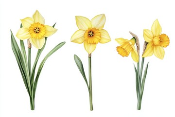 Watercolor daffodils, yellow flowers, spring blooms, botanical illustration.