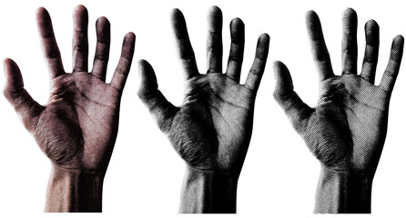 3 style Halftone hands collection. Halftone hands show the counting from one to five. Stylish halftone collage design elements. Hand gestures in pop art style. Transparent background