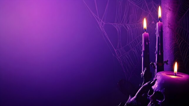 Background Halloween with Fancy Elements Spider Web, Candles, Bats, Hand with Blood, Witch Hat, Skull with Bone. Halloween Elements on Purple Background. Website Spooky, Background or Banner - Powered by Adobe