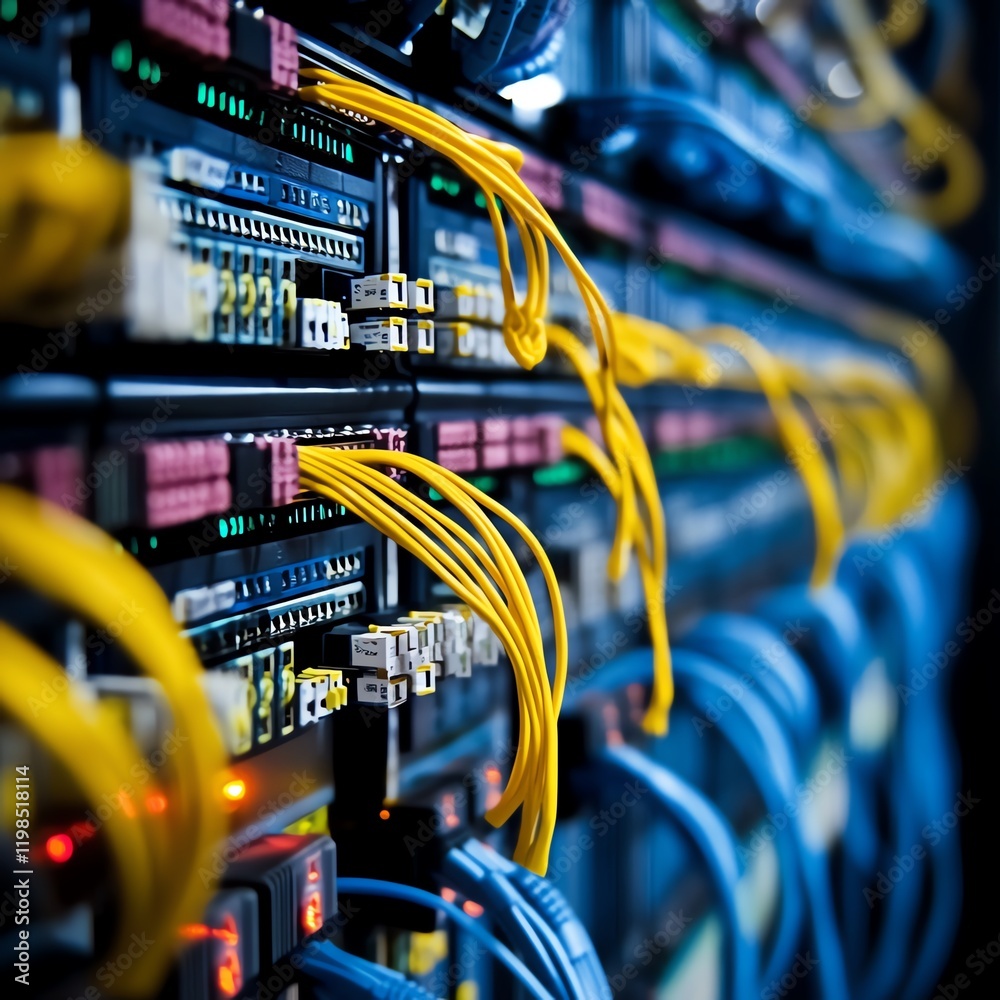 Poster network cables connect various server components in a data center, showcasing advanced technology an