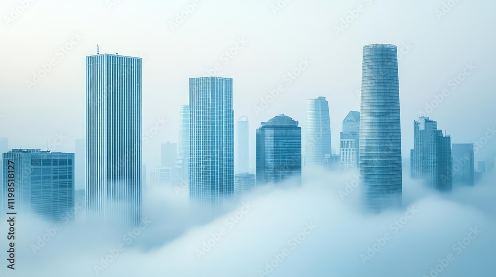 Poster dust pollution concept. a serene view of skyscrapers emerging from a soft blanket of fog in a modern
