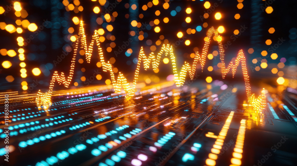 Poster vibrant 3D rendering of financial networks with glowing data visualizations, showcasing dynamic graphs and colorful lights representing market trends and analytics