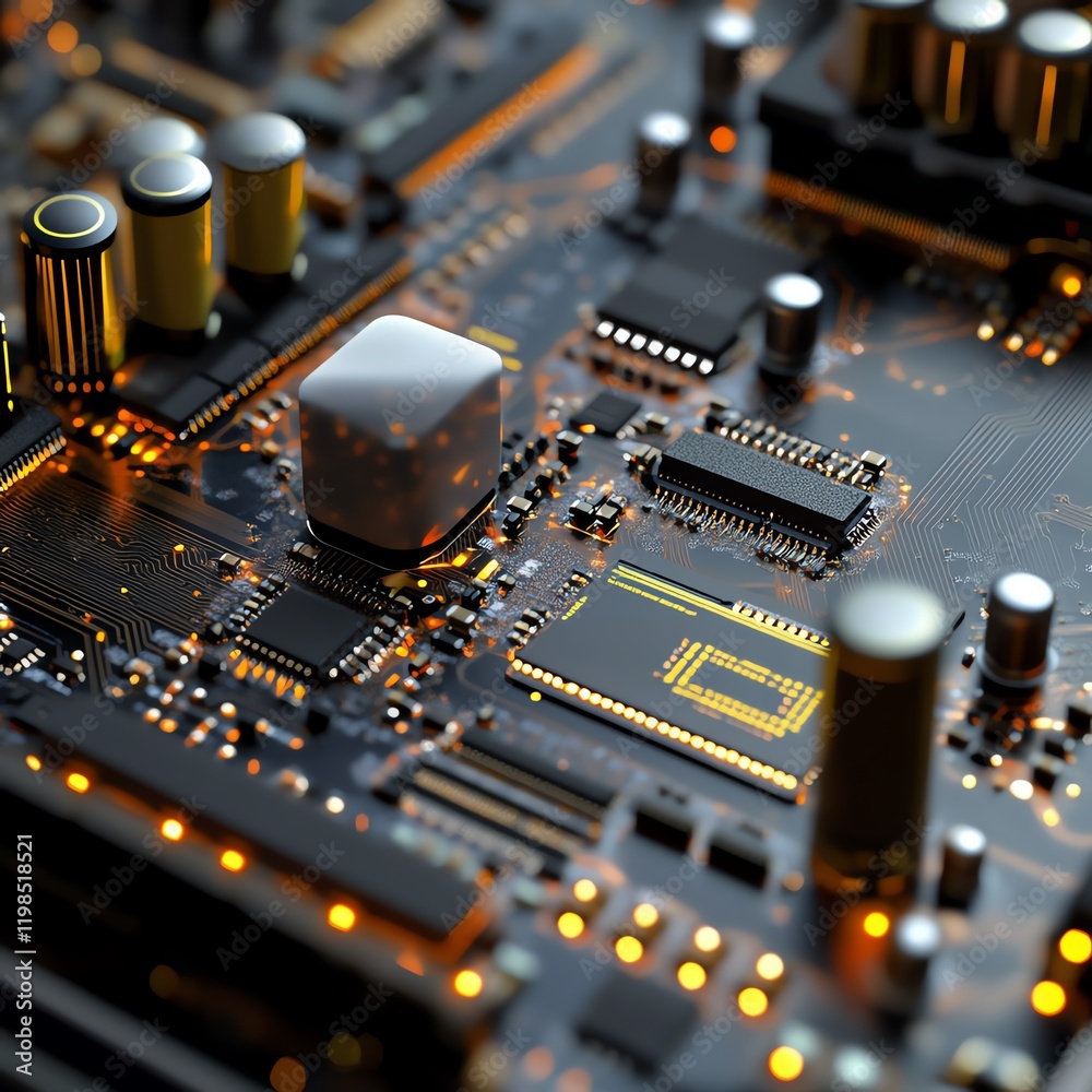 Poster exploring the intricate details of a modern computer circuit board with advanced technology componen