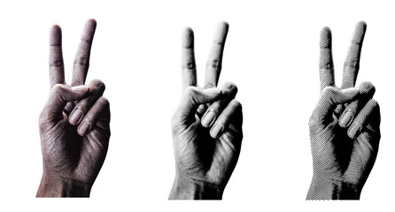 3 style Halftone hands collection. Halftone hands show the counting from one to five. Stylish halftone collage design elements. Hand gestures in pop art style. Transparent background