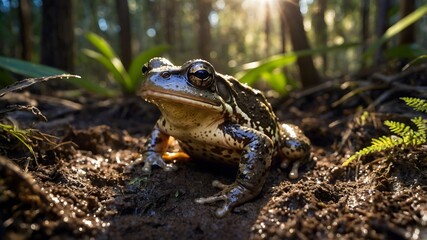 Fototapeta premium A Giant Burrowing Frog Peeks from its Burrow in the Lush Australian Wilderness