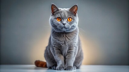 Blue Tortie British Shorthair Cat, Sideways Pose, Orange Eyes - Stock Photo