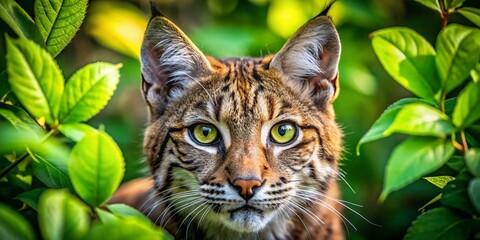 Bobcat Close-Up: Wildcat Peeking Through Lush Green Leaves - Macro Photography