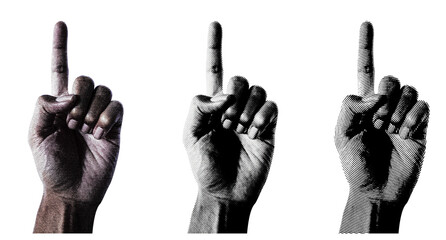 3 style Halftone hands collection. Halftone hands show the counting from one to five. Stylish halftone collage design elements. Hand gestures in pop art style. Transparent background