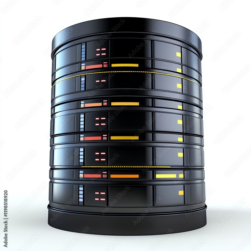 Poster rack of server units displaying multicolored lights, indicating activity and status of components in