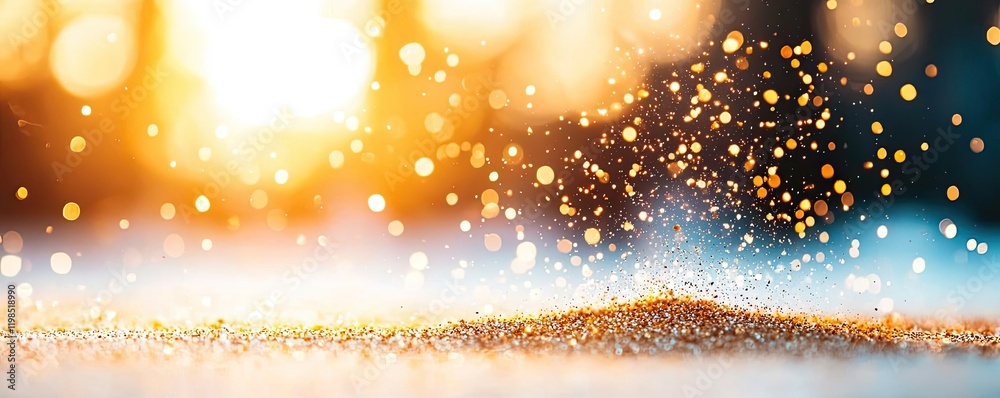 Poster Dust pollution idea. Sparkling dust particles illuminated by warm sunlight creating a magical atmosphere.