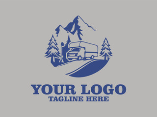 This vector illustration shows a vintage camper van driving down a winding road in the middle of a pine forest. The afternoon sun shone through the mist covering the mountains