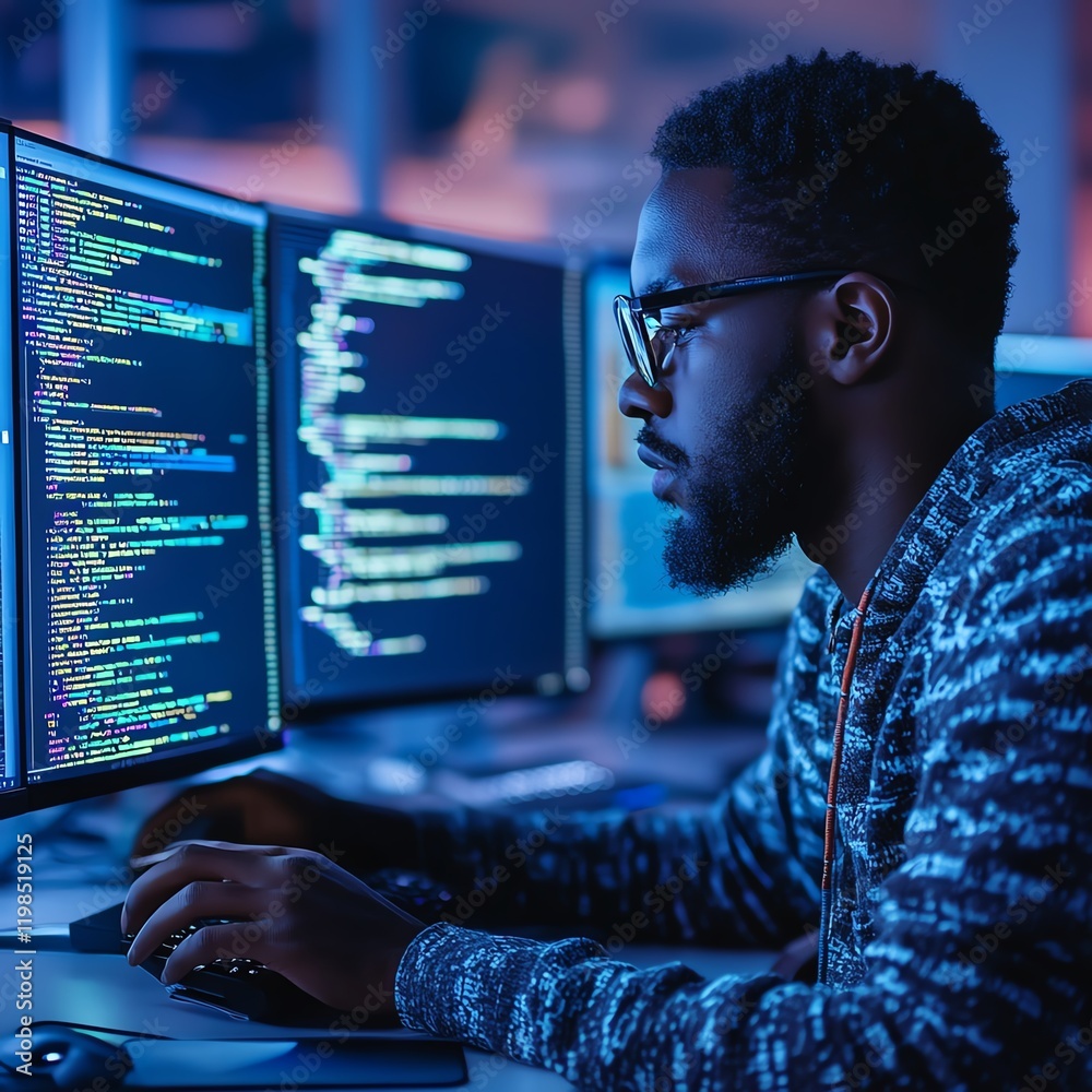 Poster focused software developer coding at multiple monitors in a dimly lit workspace during night hours