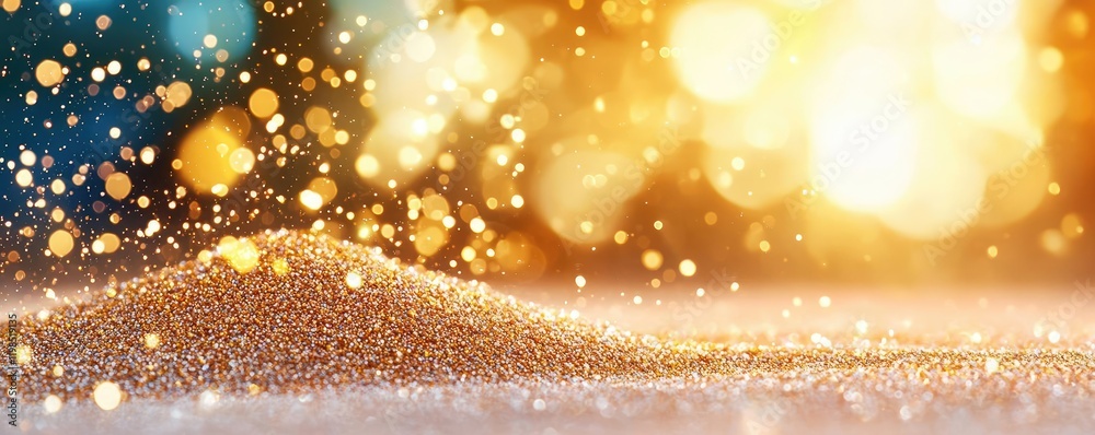 Poster dust pollution idea. sparkling golden sand with beautiful bokeh effect, creating a magical atmospher