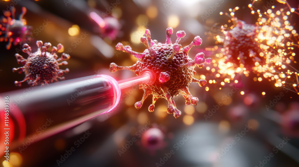 Aufkleber futuristic biotech scene showcasing nanobots interacting with viruses, highlighting advanced technol