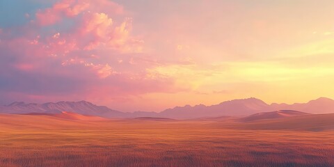 A wide nature landscape showcasing desert dunes at sunset, with rich warm colors and vast open space.