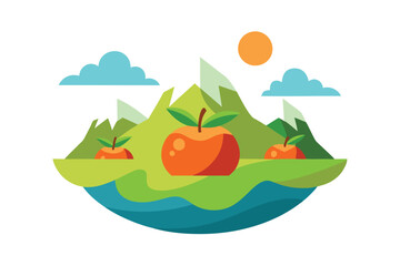 magical edge of the fruit world with mountains day