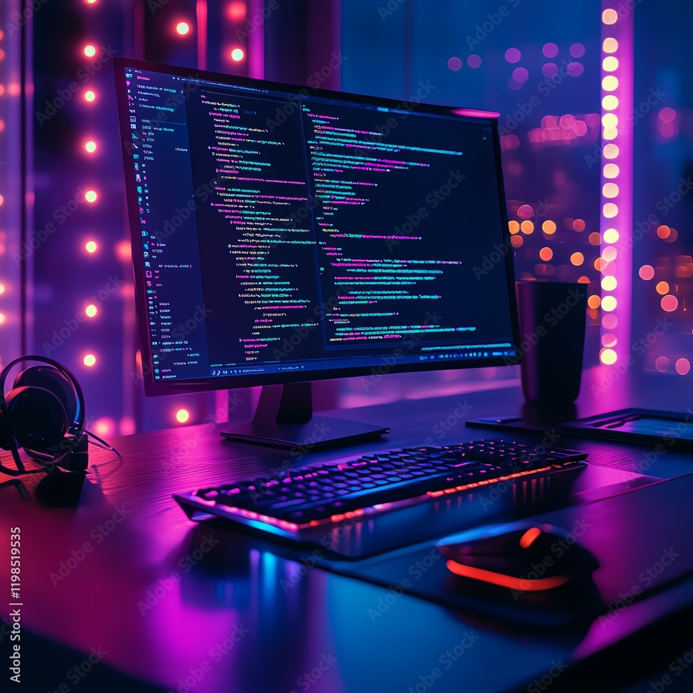 Poster creative workspace with computer coding and neon lights in a modern environment during nighttime
