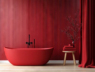 A red bathtub sitting in a bathroom next to a red curtain