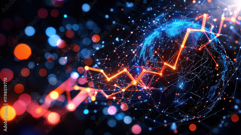 Aufkleber futuristic illustration of global stock market with rising graph, showcasing interconnected data poi