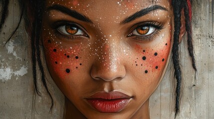 Close-up portrait of a woman with striking features and artistic face paint against a textured background