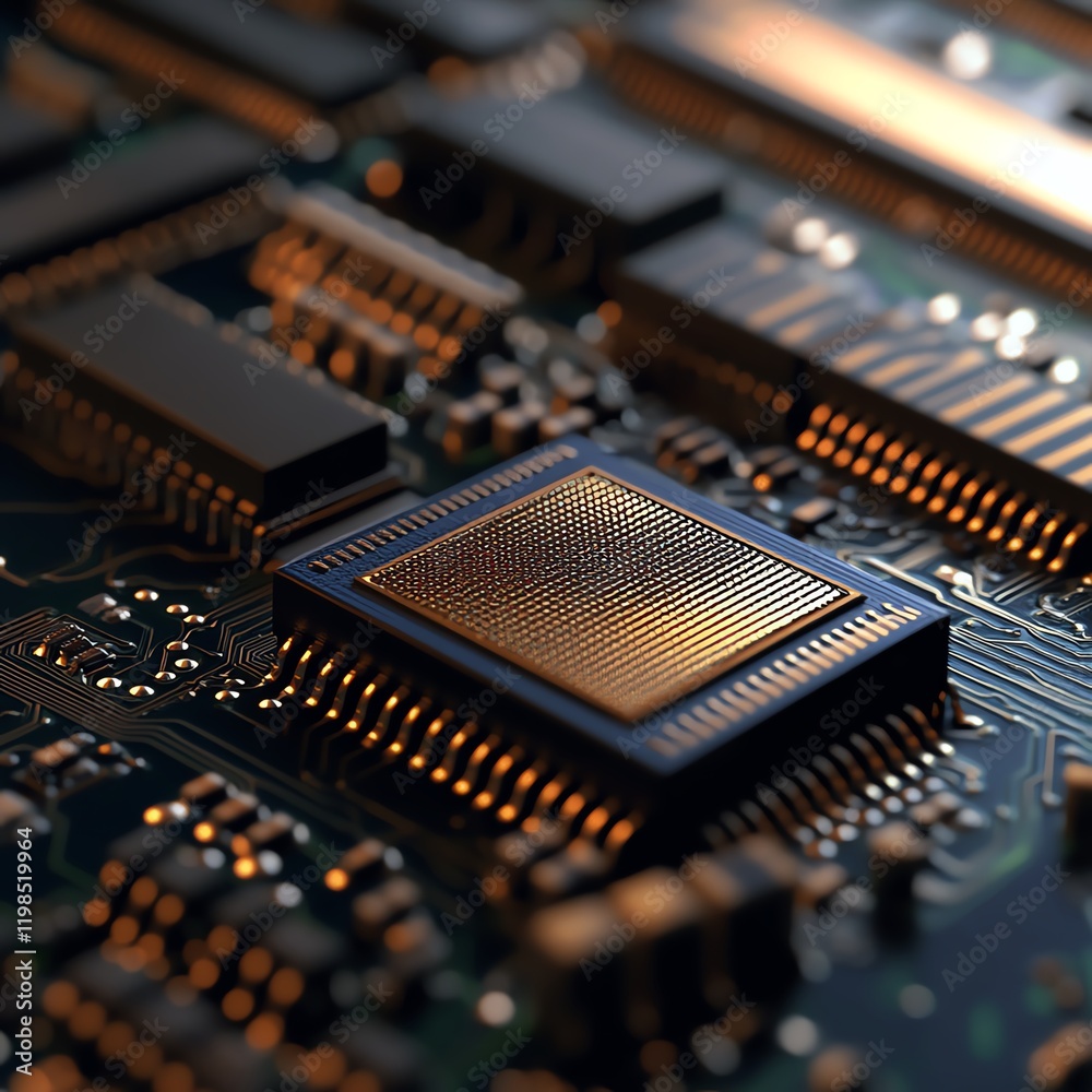 Poster close-up view of a computer chip on a circuit board showcasing intricate electronic design