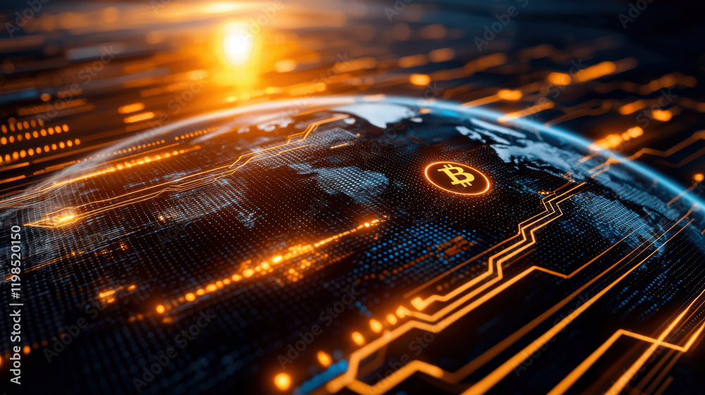 Leinwandbilder futuristic representation of global finance with focus on cryptocurrency, showcasing digital world m