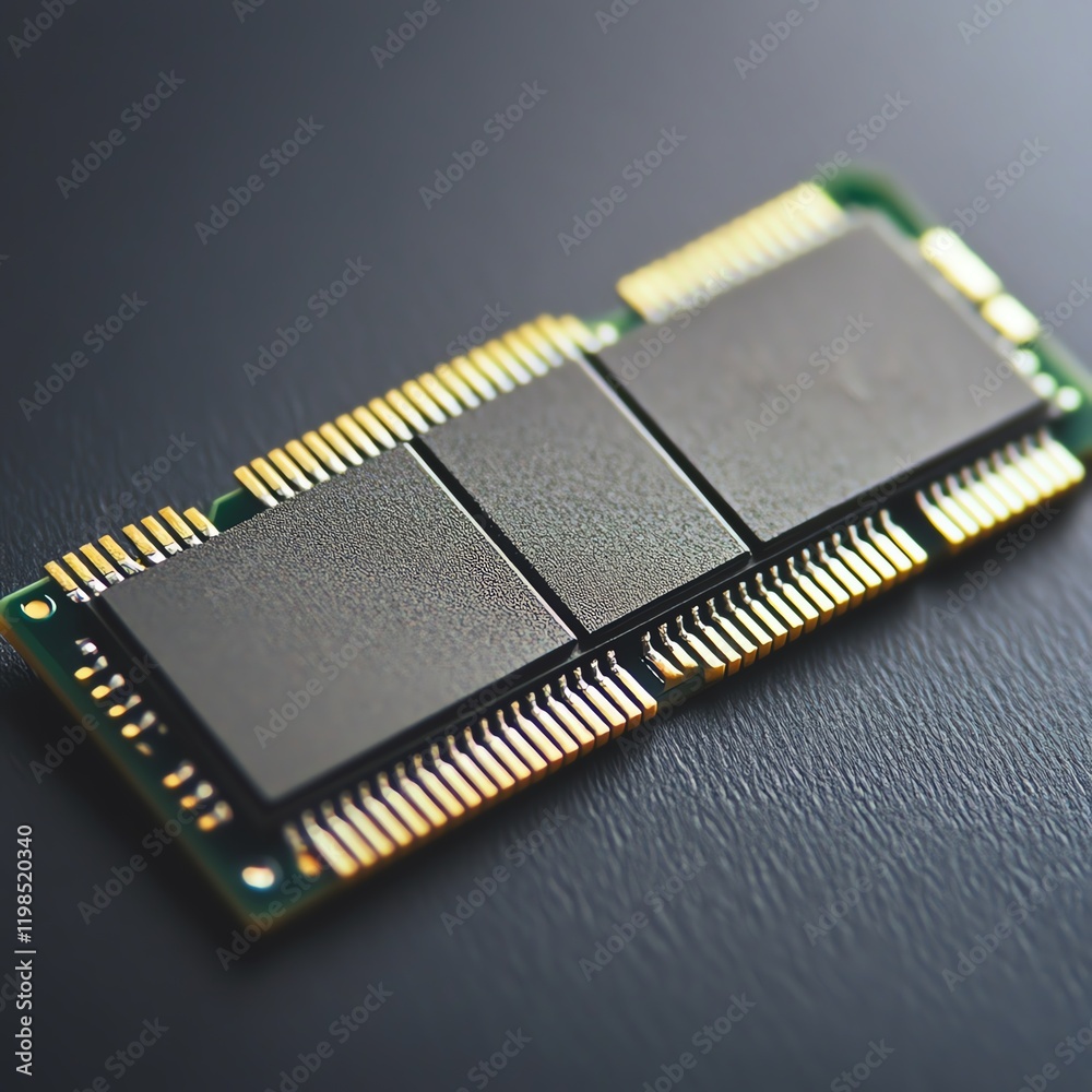 Poster close-up of a computer memory module showcasing electronic components and intricate details on a dar