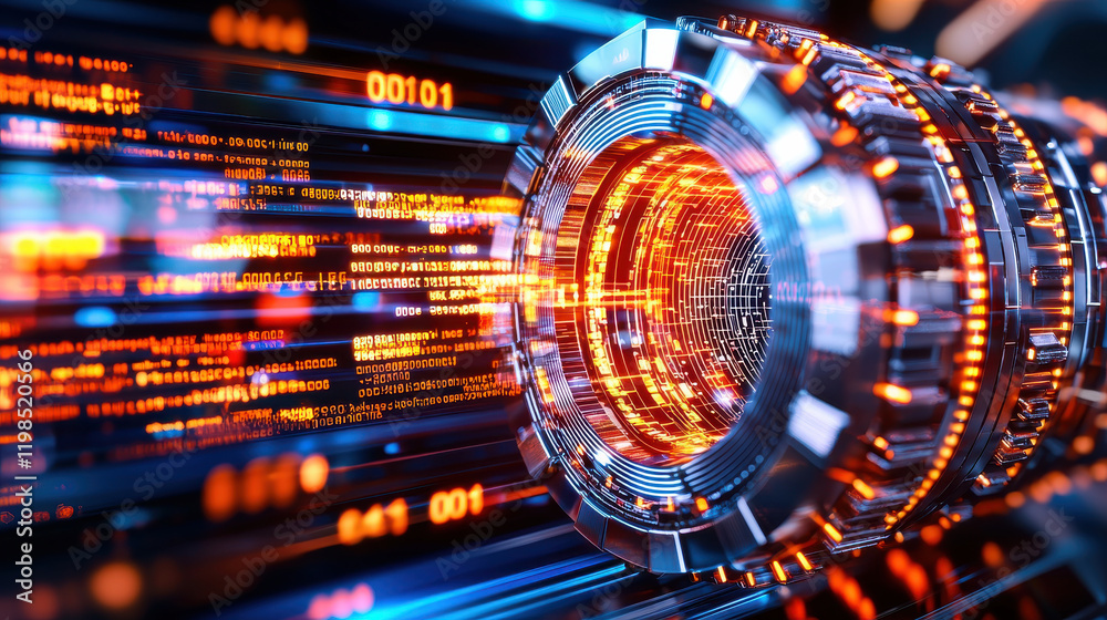 Poster high resolution image of futuristic digital vault with glowing data streams, showcasing advanced technology and intricate design elements. vibrant colors and patterns evoke sense of innovation and