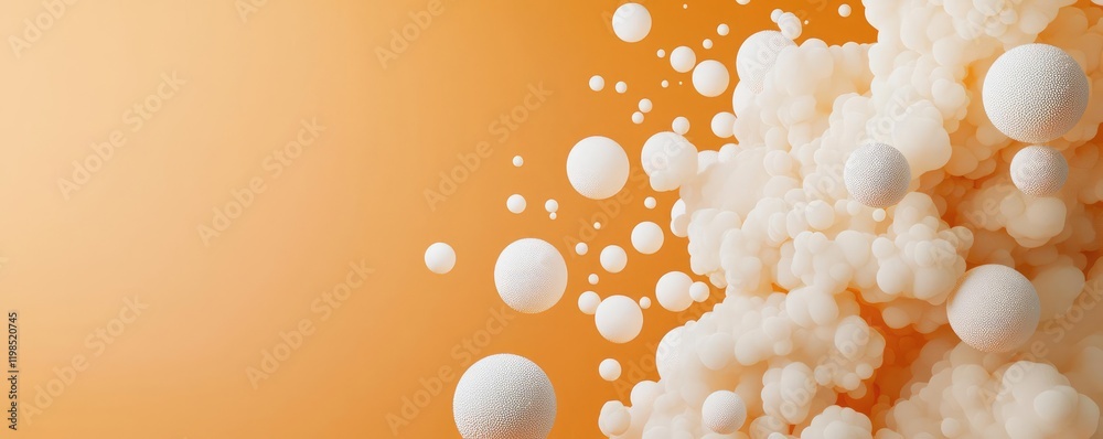Poster dust pollution idea. abstract design featuring floating spheres against a vibrant orange background.
