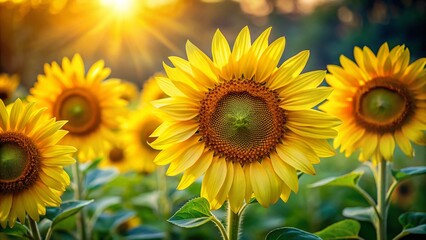 Obraz premium Bright Sunflowers in Low Light: Vibrant Yellow Blooms and Lush Green Leaves on Soft Background