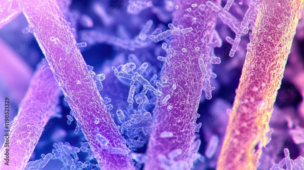 Poster dust pollution concept. colorful microscopic view of bacteria and microorganisms in vibrant hues.