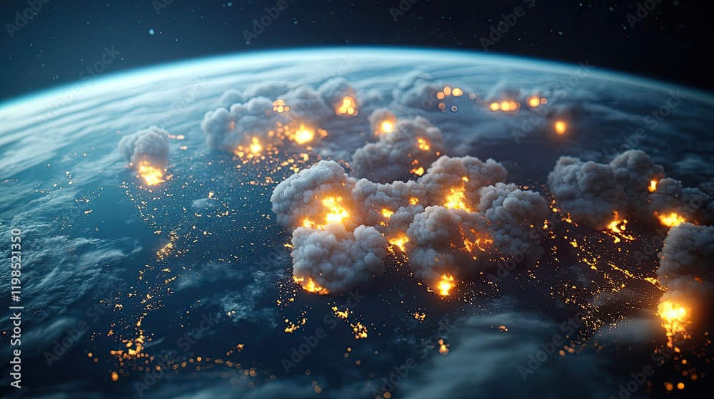 Poster dust pollution idea. a dramatic view of earth from space, showcasing fiery clouds and illuminated ci