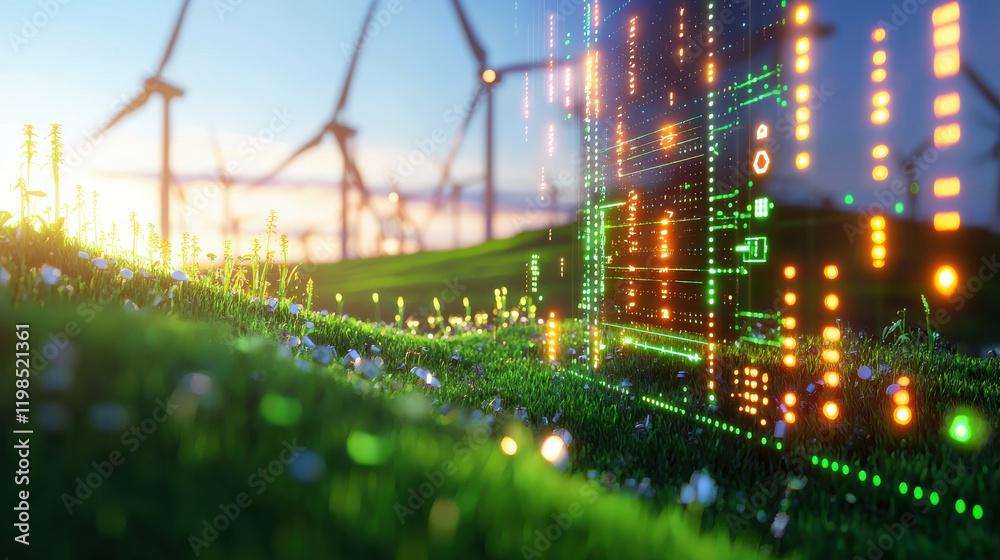 Leinwandbilder digital landscape with glowing data patterns and wind turbines in background, symbolizing renewable 