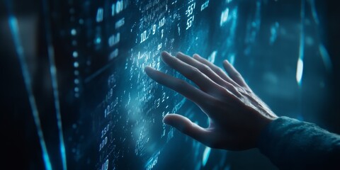 Hand interacting with futuristic digital interface.