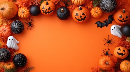 Festive Halloween Decor with Colorful Pumpkins, Spiders, and Ghosts on Vibrant Orange Background