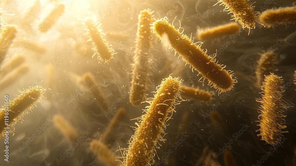Poster dust pollution idea. microscopic view of bacteria illuminated by light in a captivating scientific s