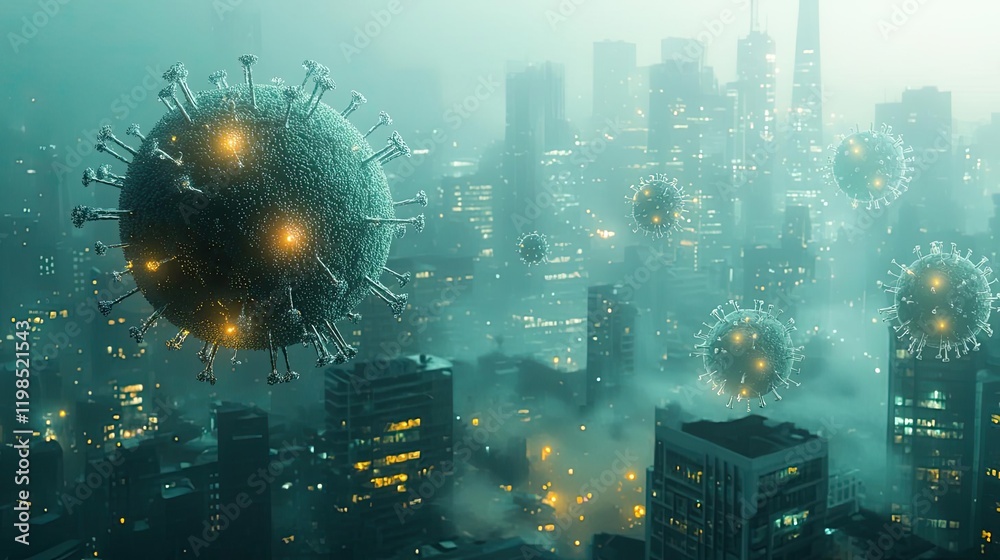 Poster dust pollution idea. futuristic city skyline shrouded in fog with floating virus structures, showcas
