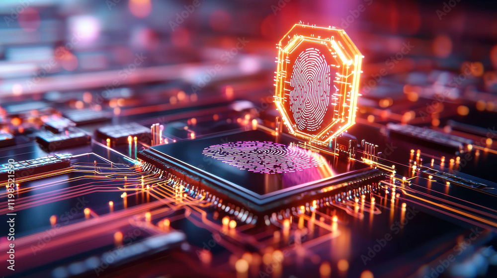 Fototapete High tech fingerprint scanner on microchip, showcasing advanced security technology and digital innovation. vibrant colors and intricate details highlight modern electronics