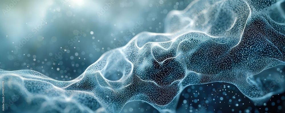 Poster Dust pollution idea. Abstract representation of fluid dynamics with flowing particles and light effects.