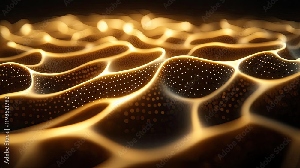 Poster Dust pollution concept. Abstract glowing wave pattern with luminous dots creating a mesmerizing visual effect.