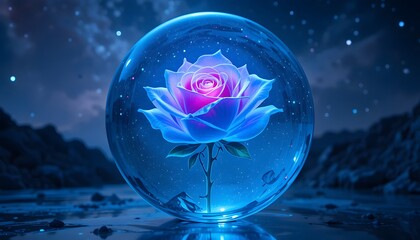 A glowing neon-blue rose encased in a transparent bubble of water, suspended in mid-air, The background features a starry night sky adding a futuristic and celestial vibe.