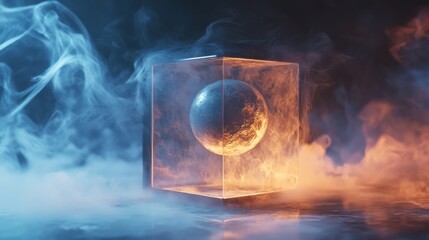 Enigmatic Sphere Encased in Glass Cube with Contrasting Smoke, Abstract Science Concept.