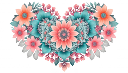 A delicate floral heart mandala featuring multi-colored flowers in a symmetrical design, with hues of pink, teal, and coral, creating a mesmerizing effect, on a white transparent background PNG