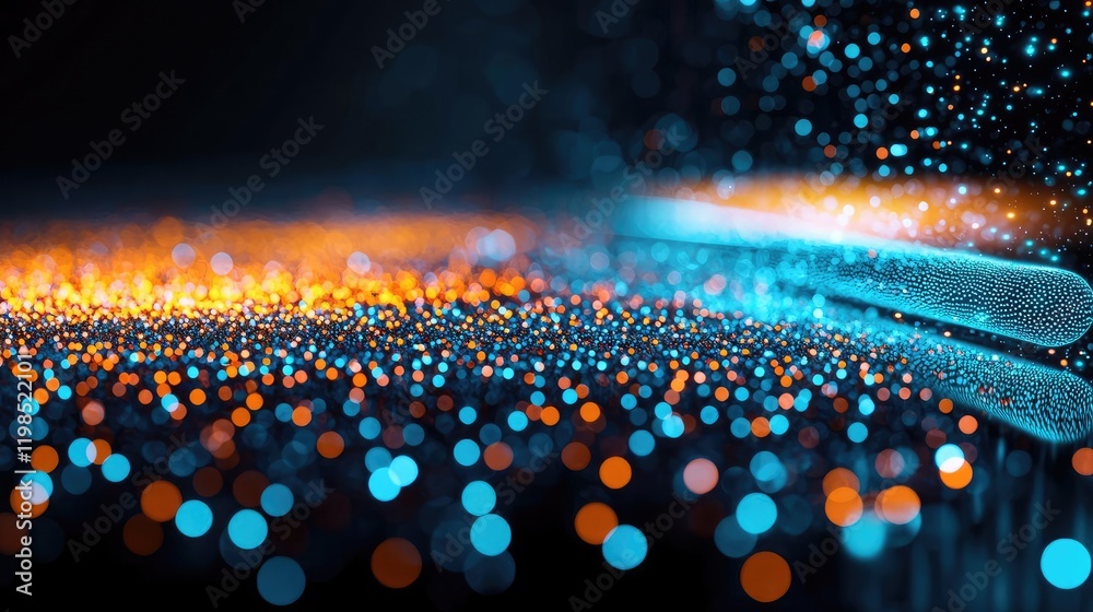 Poster Dust pollution concept. Abstract glowing particles creating a vibrant and colorful digital background.