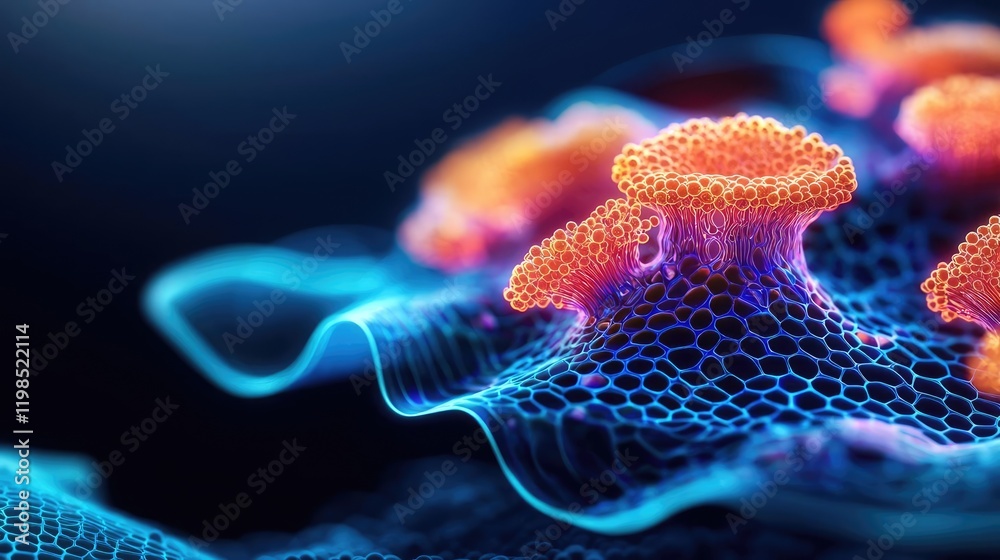 Poster dust pollution concept. vibrant microscopic view of coral polyps coral reef structure glowing in dee