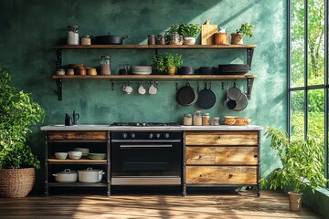  Industrial-style three-tier metal rack as oven stand with shelves, hanging ornaments, dark wood-grain accents, and white countertop with cookware, warm kitchen decor.