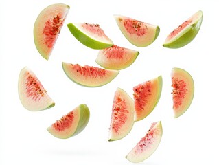 Falling identical guava slices floating in the air isolated on white background